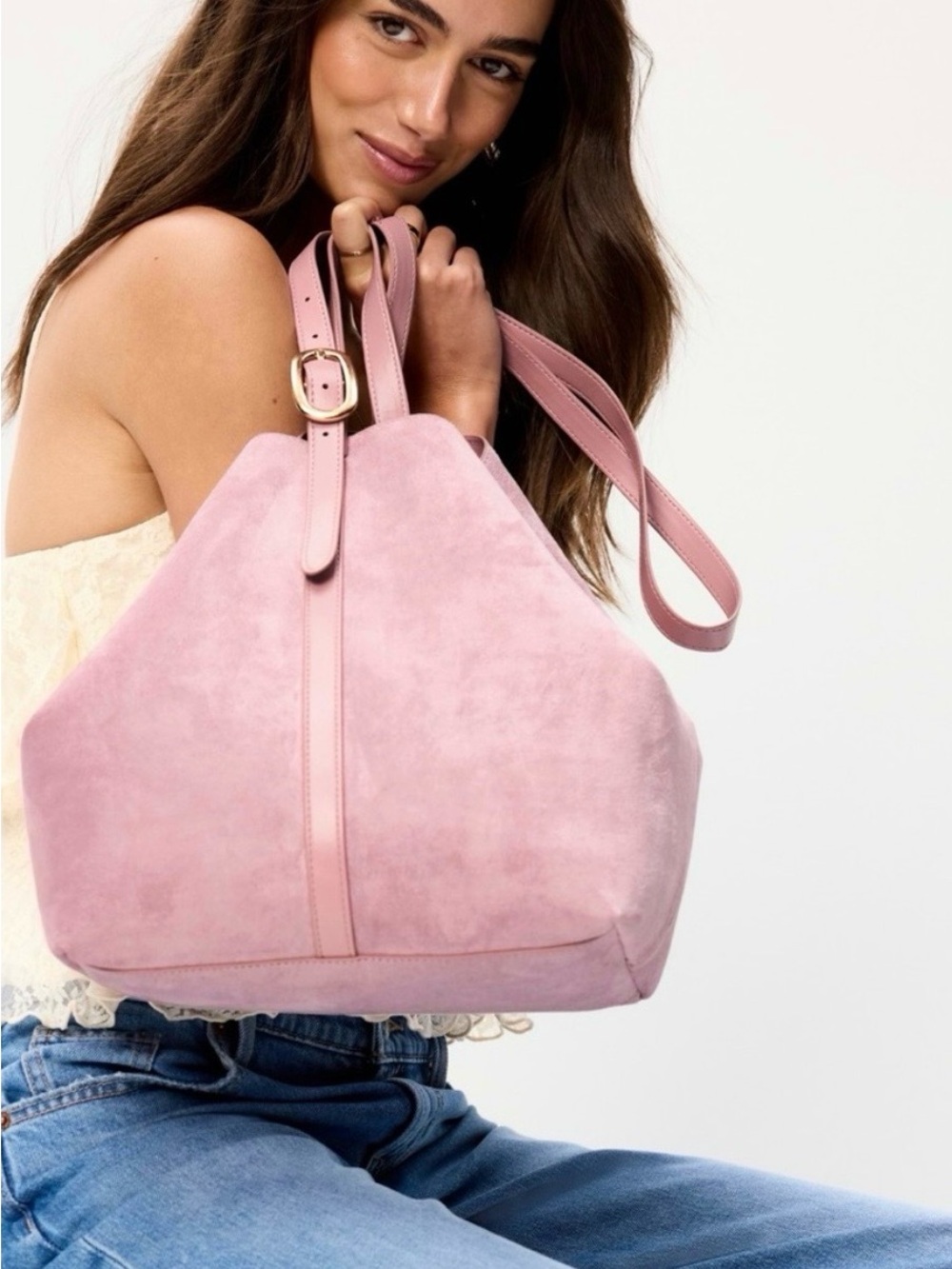 Old Navy Pink Suede Tote Bag with Adjustable Strap